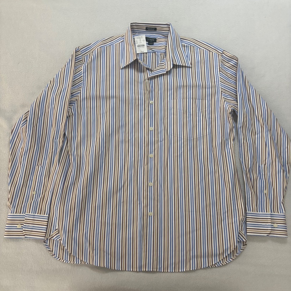 J.Crew Factory Mens Blue Brown Striped Cotton Dress Shirt Large 69880 NWT